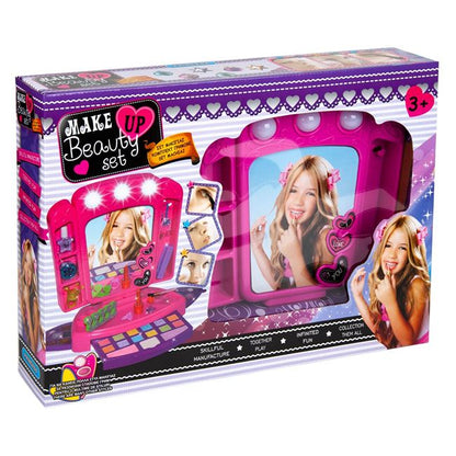 Trusa de machiaj cu oglinda cu lumini, 11 farduri pentru ochi, 11 gloss-uri, 2 rujuri, 2 pensule si accesorii