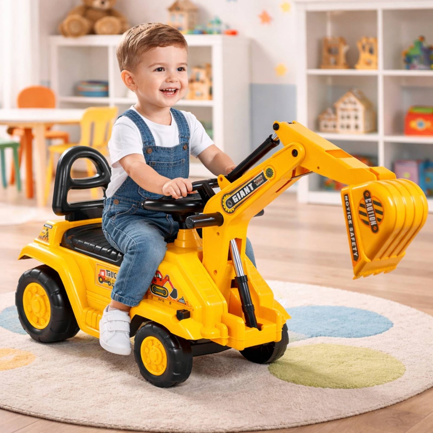 Masinuta Interactiva Excavator 3 in 1 idealSTORE , Echipata cu functie Olita, Accesorizata cu Volan si Manete pentru a spori jocul de rol