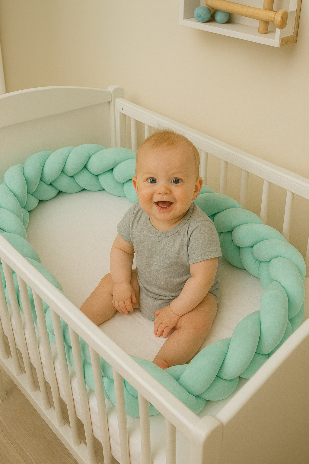 Protectie Laterala pentru Patut Bumper Rico idealSTORE, Lungime 3 m, Material moale, Placut la atingere, Protejeaza impotriva curentilor de aer si a loviturilor, Antialergic, Verde Menta