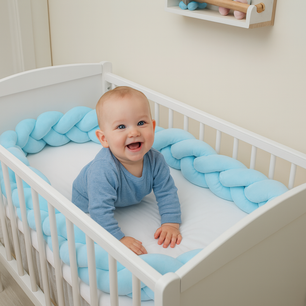 Protectie Laterala pentru Patut Bumper Rico idealSTORE, Lungime 3 m, Material moale, Placut la atingere, Protejeaza impotriva curentilor de aer si a loviturilor, Antialergic, Albastru