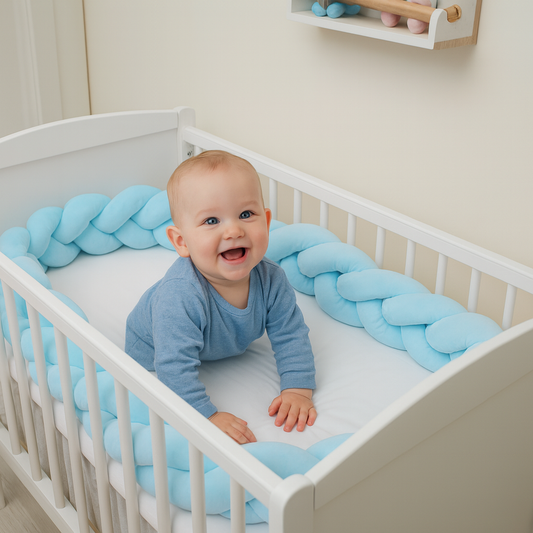 Protectie Laterala pentru Patut Bumper Rico idealSTORE, Lungime 3 m, Material moale, Placut la atingere, Protejeaza impotriva curentilor de aer si a loviturilor, Antialergic, Albastru