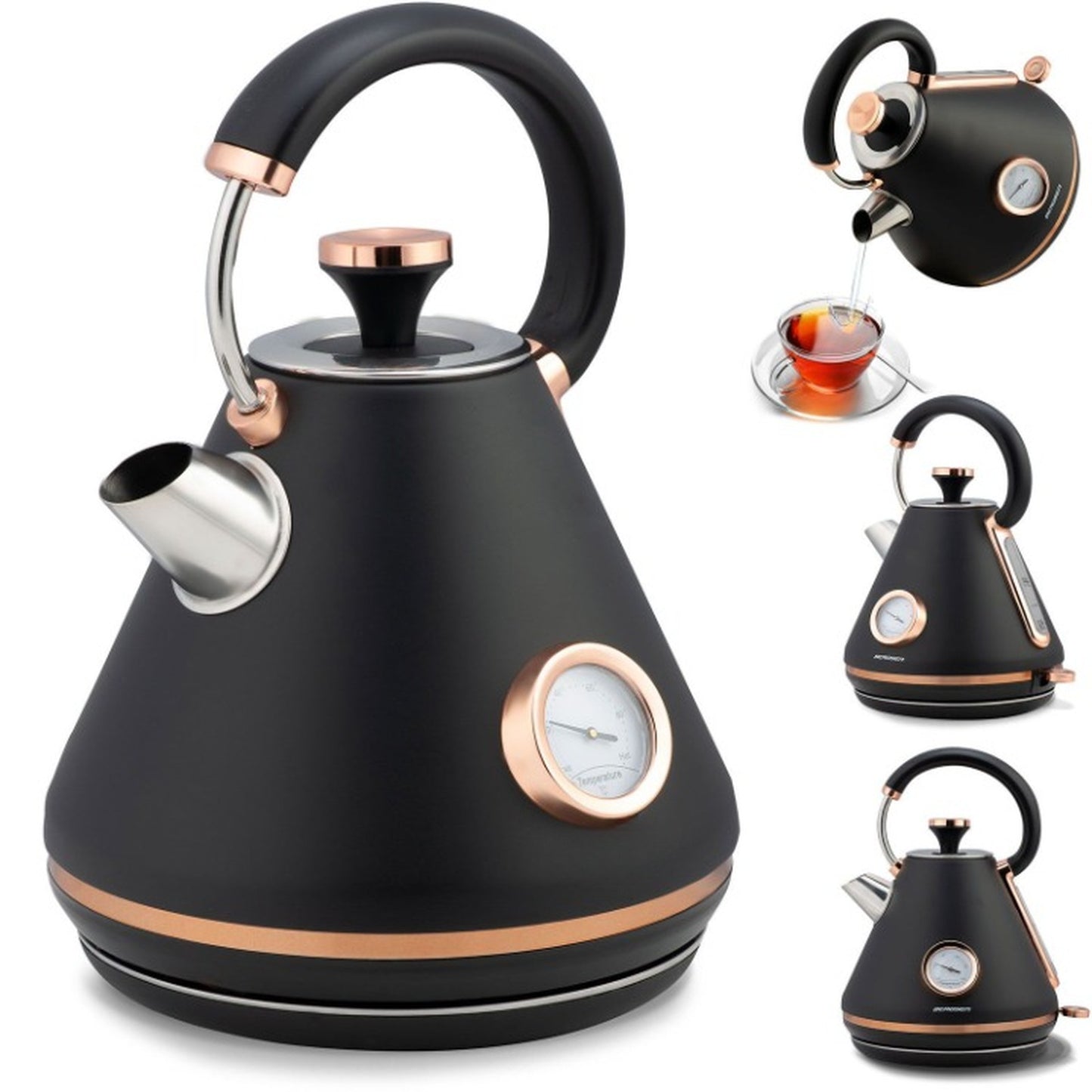 Fierbator Electric cu Termometru Modern Kettle idealStore, Capacitate 1.7L, Baza Pivotanta Antiderapanta 360, Comutator Luminat, Filtru Metalic Anti Calcar, Indicator Temperatura, Capac Detasabil, Negru