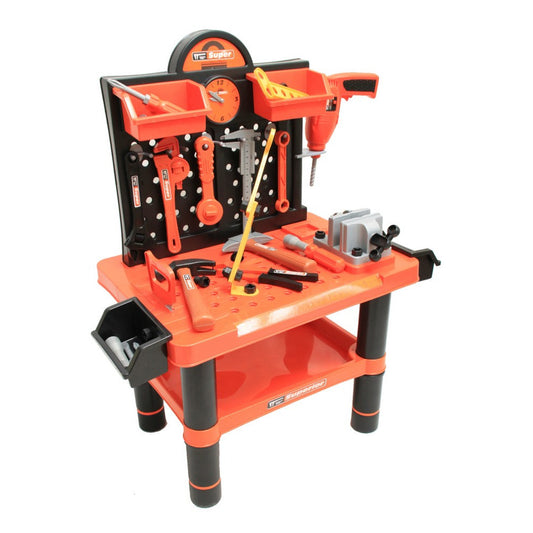 Banc de lucru Super Tools pentru copii cu bormasina, fierastrau, ciocan, rafturi si multiple accesorii , 50 piese incluse