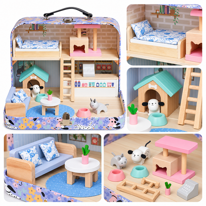 Casuta de papusi din lemn idealstore Pet House, tip valiza portabila si pliabila, cu 2 etaje, mobilier si accesorii miniaturale