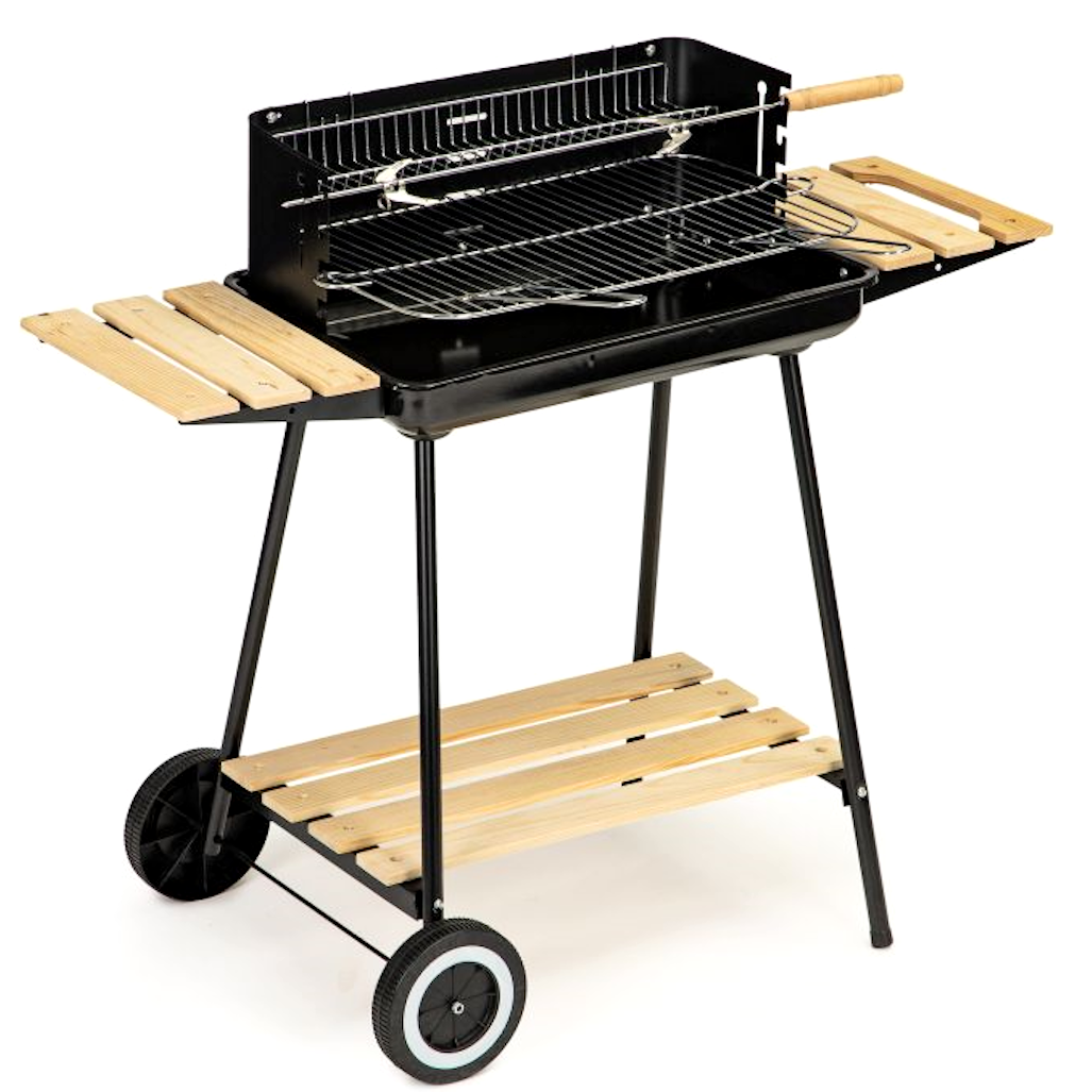 Gratar de gradina IdealStore cu rotisor manual, gratar inox 52x32 cm, inaltime reglabila, roti si 3 rafturi