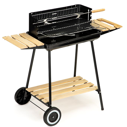 Gratar de gradina IdealStore cu rotisor manual, gratar inox 52x32 cm, inaltime reglabila, roti si 3 rafturi