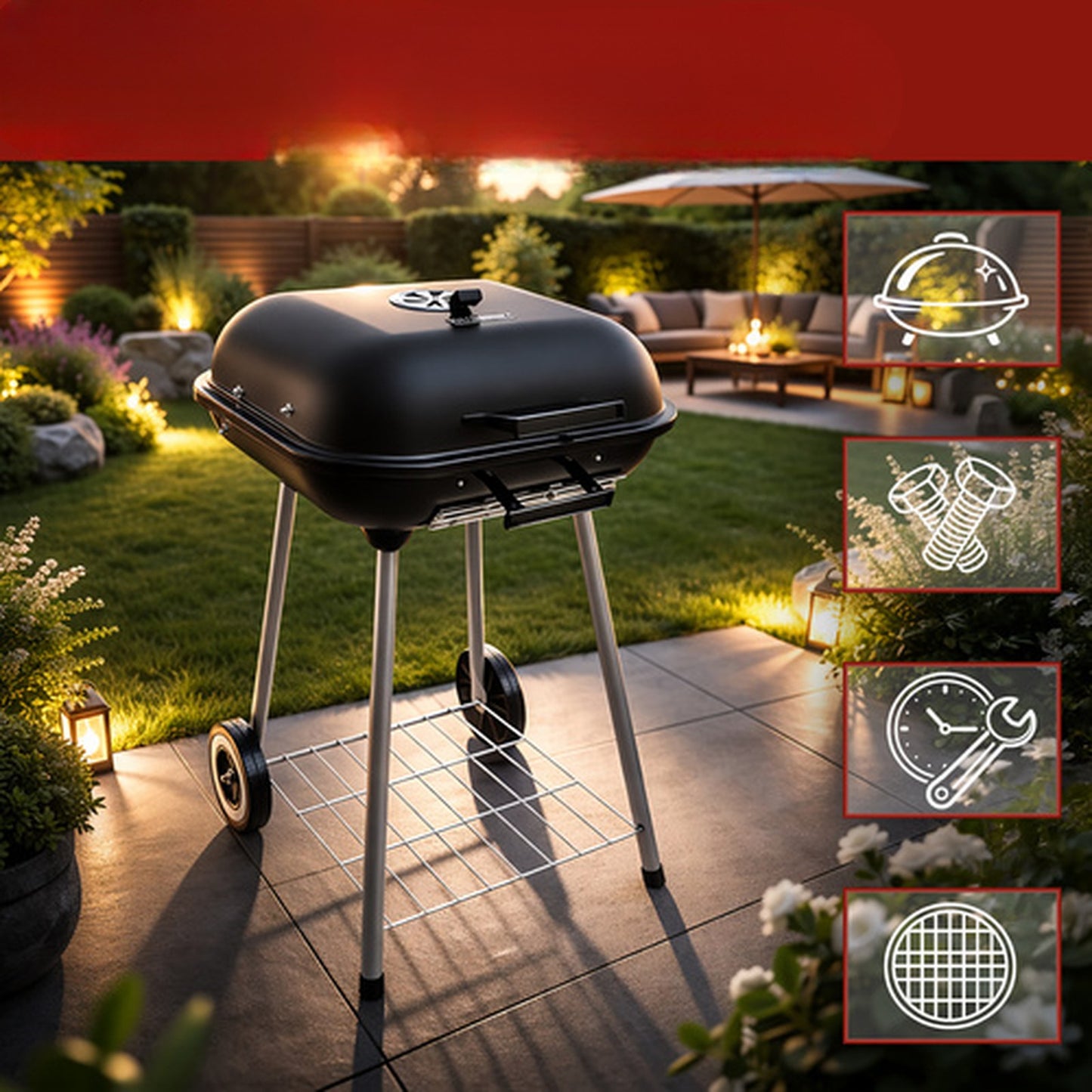Gratar de Gradina pe Carbuni IdealStore Portabil cu Roti si Capac Metalic 77x53x46 cm