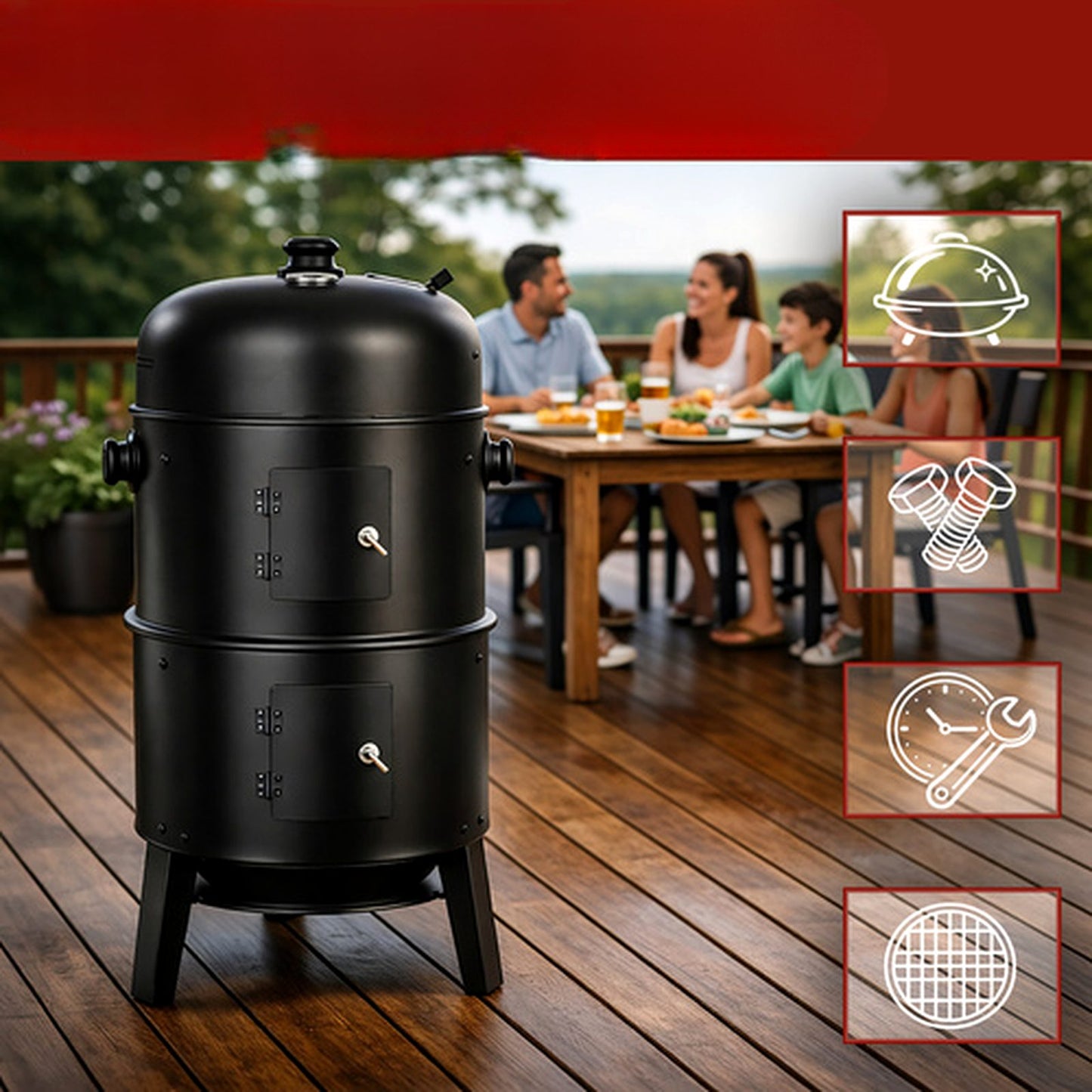 Gratar de Gradina pe Carbuni idealSTORE cu Capac, Roti si Raft 44x80x42 cm
