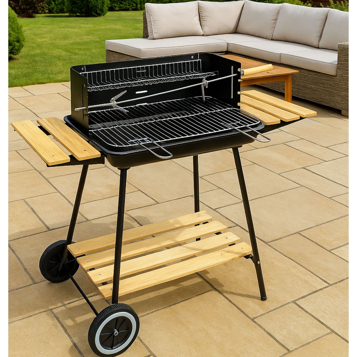 Gratar de gradina IdealStore cu rotisor manual, gratar inox 52x32 cm, inaltime reglabila, roti si 3 rafturi