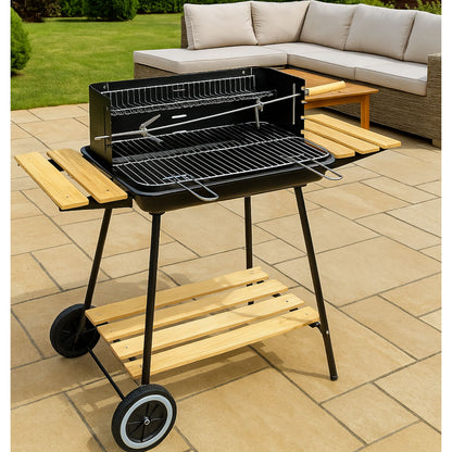 Gratar de gradina IdealStore cu rotisor manual, gratar inox 52x32 cm, inaltime reglabila, roti si 3 rafturi