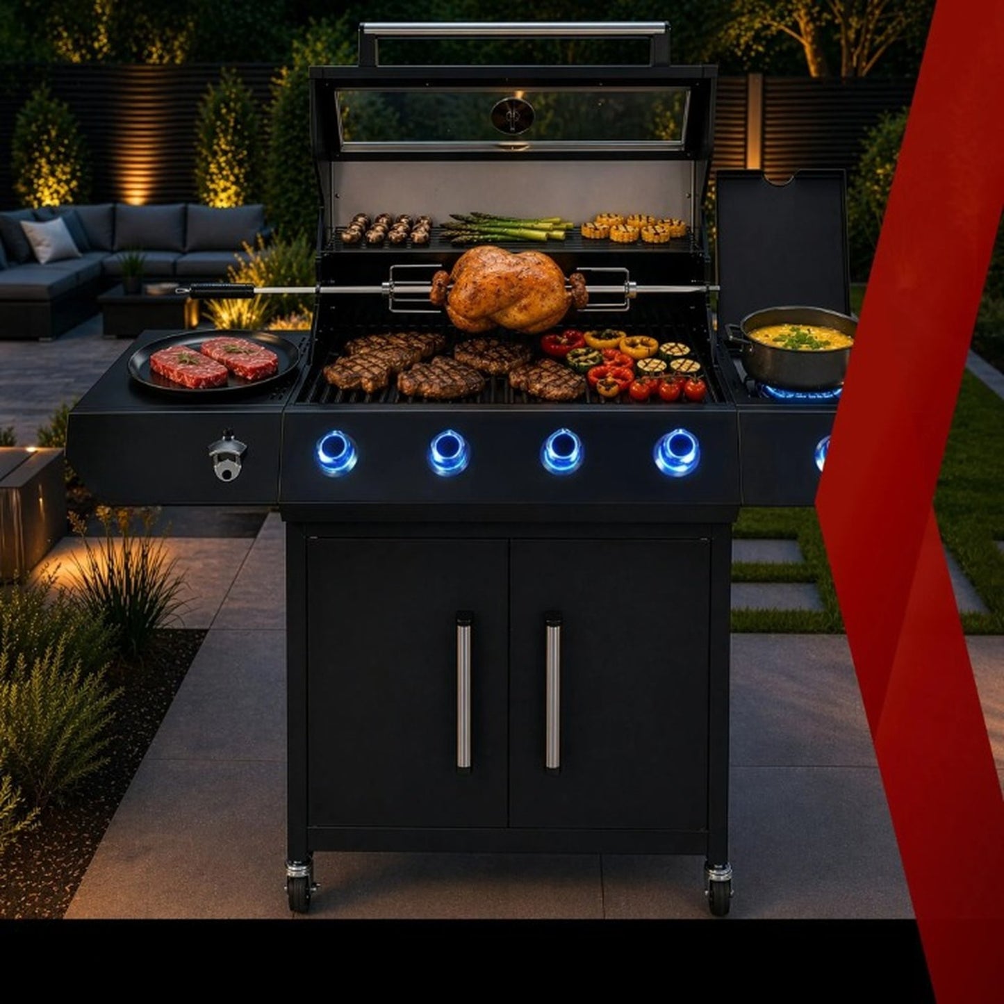 Gratar pe Gaz idealSTORE 5 Arzatoare 17kW cu Termometru si Capac