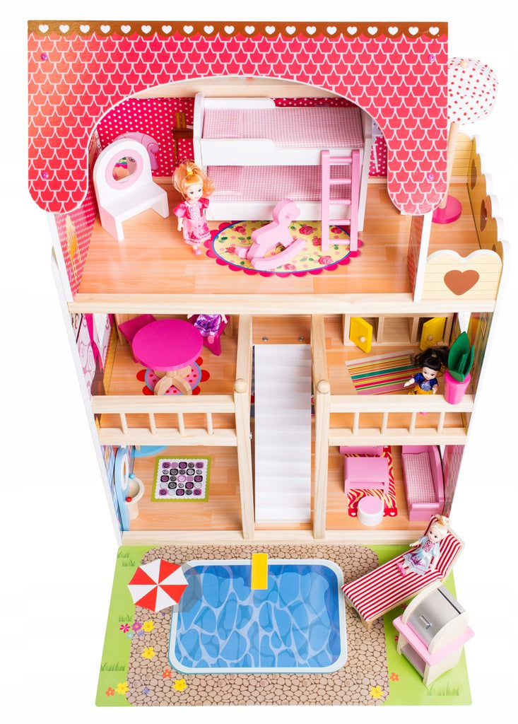Casuta din lemn pentru papusi, DREAM VILLA, cu gradina, garaj si iluminare LED, 3 etaje, 9 camere, 90 cm inaltime, multicolora