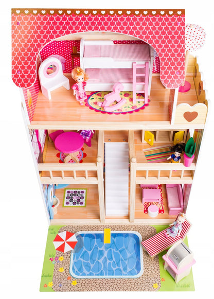 Casuta din lemn pentru papusi, DREAM VILLA, cu gradina, garaj si iluminare LED, 3 etaje, 9 camere, 90 cm inaltime, multicolora