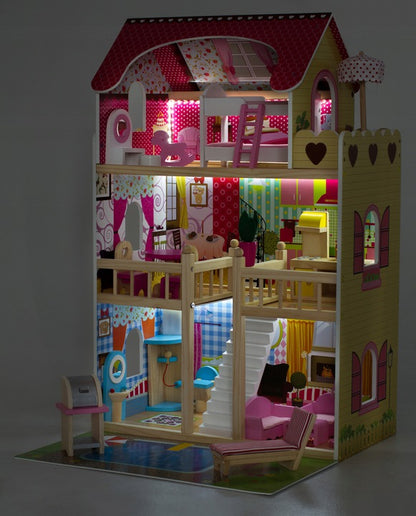 Casuta din lemn pentru papusi, DREAM VILLA, cu gradina, garaj si iluminare LED, 3 etaje, 9 camere, 90 cm inaltime, multicolora