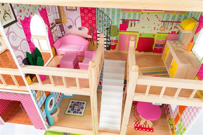 Casuta din lemn pentru papusi, DREAM VILLA, cu gradina, garaj si iluminare LED, 3 etaje, 9 camere, 90 cm inaltime, multicolora