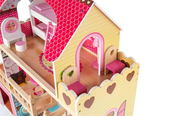 Casuta din lemn pentru papusi, DREAM VILLA, cu gradina, garaj si iluminare LED, 3 etaje, 9 camere, 90 cm inaltime, multicolora