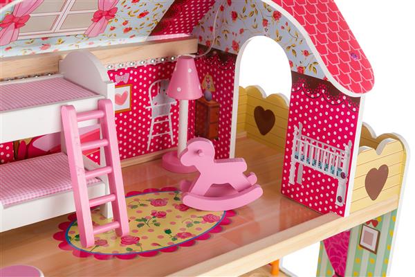 Casuta din lemn pentru papusi, DREAM VILLA, cu gradina, garaj si iluminare LED, 3 etaje, 9 camere, 90 cm inaltime, multicolora