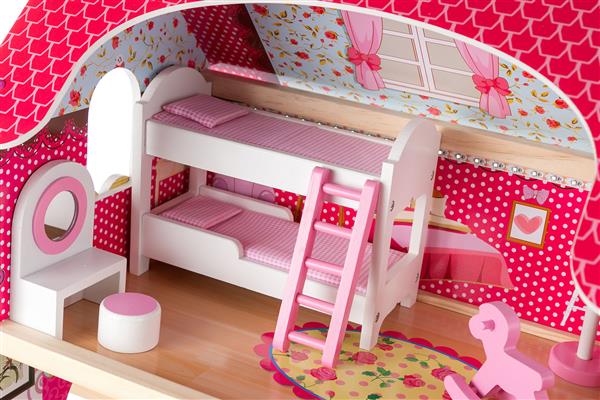 Casuta din lemn pentru papusi, DREAM VILLA, cu gradina, garaj si iluminare LED, 3 etaje, 9 camere, 90 cm inaltime, multicolora