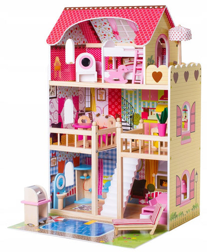 Casuta din lemn pentru papusi, DREAM VILLA, cu gradina, garaj si iluminare LED, 3 etaje, 9 camere, 90 cm inaltime, multicolora