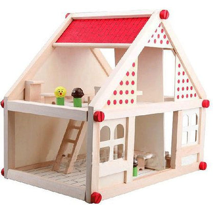 Casuta handmade din lemn natur pentru papusi, cu 4 figurine si mobilier, 38 cm inaltime, Joc de rol cu Multiple Accesotii, lemn natur