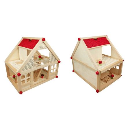 Casuta handmade din lemn natur pentru papusi, cu 4 figurine si mobilier, 38 cm inaltime, Joc de rol cu Multiple Accesotii, lemn natur