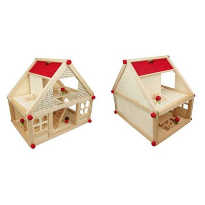 Casuta handmade din lemn natur pentru papusi, cu 4 figurine si mobilier, 38 cm inaltime, Joc de rol cu Multiple Accesotii, lemn natur