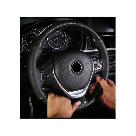 Husa Volan idealSTORE cu Ac si Ata din Piele cu Gaurele marime M, Culoare Negru+Carbon si Cusatura Gri PREMIUM