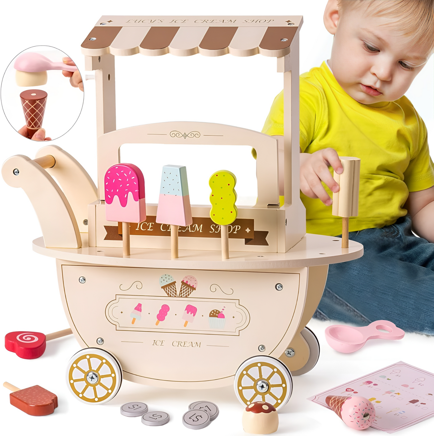 Carucior de Inghetata Ice Cream ideal STORE, Mobil, Dimensiune 41 x 19 x 44 cm, Din Lemn de inalta calitate, Include 10 accesorii, Ajuta la dezvoltarea imaginatiei si creativitatii, Beige Edition