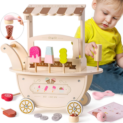 Carucior de Inghetata Ice Cream ideal STORE, Mobil, Dimensiune 41 x 19 x 44 cm, Din Lemn de inalta calitate, Include 10 accesorii, Ajuta la dezvoltarea imaginatiei si creativitatii, Beige Edition