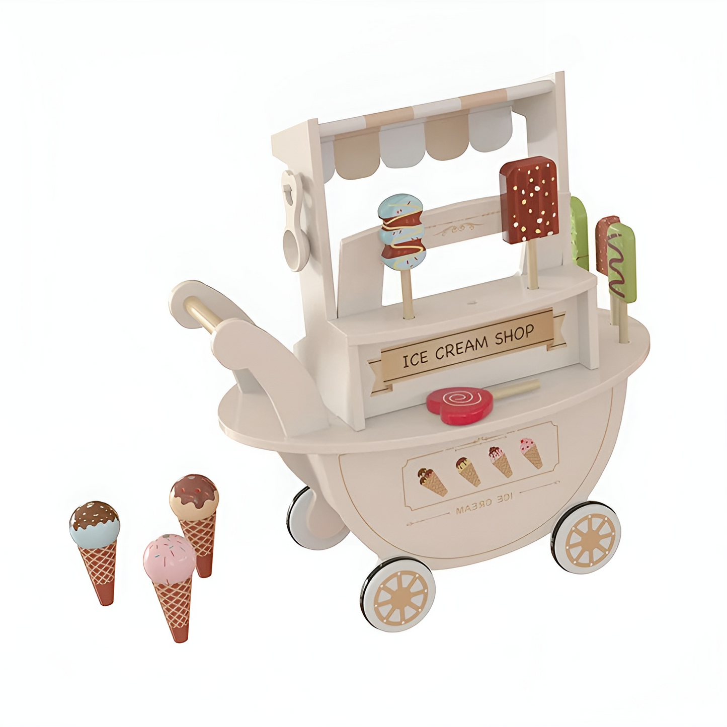 Carucior de Inghetata Ice Cream ideal STORE, Mobil, Dimensiune 41 x 19 x 44 cm, Din Lemn de inalta calitate, Include 10 accesorii, Ajuta la dezvoltarea imaginatiei si creativitatii, Beige Edition