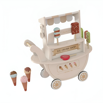 Carucior de Inghetata Ice Cream ideal STORE, Mobil, Dimensiune 41 x 19 x 44 cm, Din Lemn de inalta calitate, Include 10 accesorii, Ajuta la dezvoltarea imaginatiei si creativitatii, Beige Edition