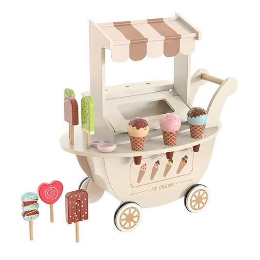 Carucior de Inghetata Ice Cream ideal STORE, Mobil, Dimensiune 41 x 19 x 44 cm, Din Lemn de inalta calitate, Include 10 accesorii, Ajuta la dezvoltarea imaginatiei si creativitatii, Beige Edition