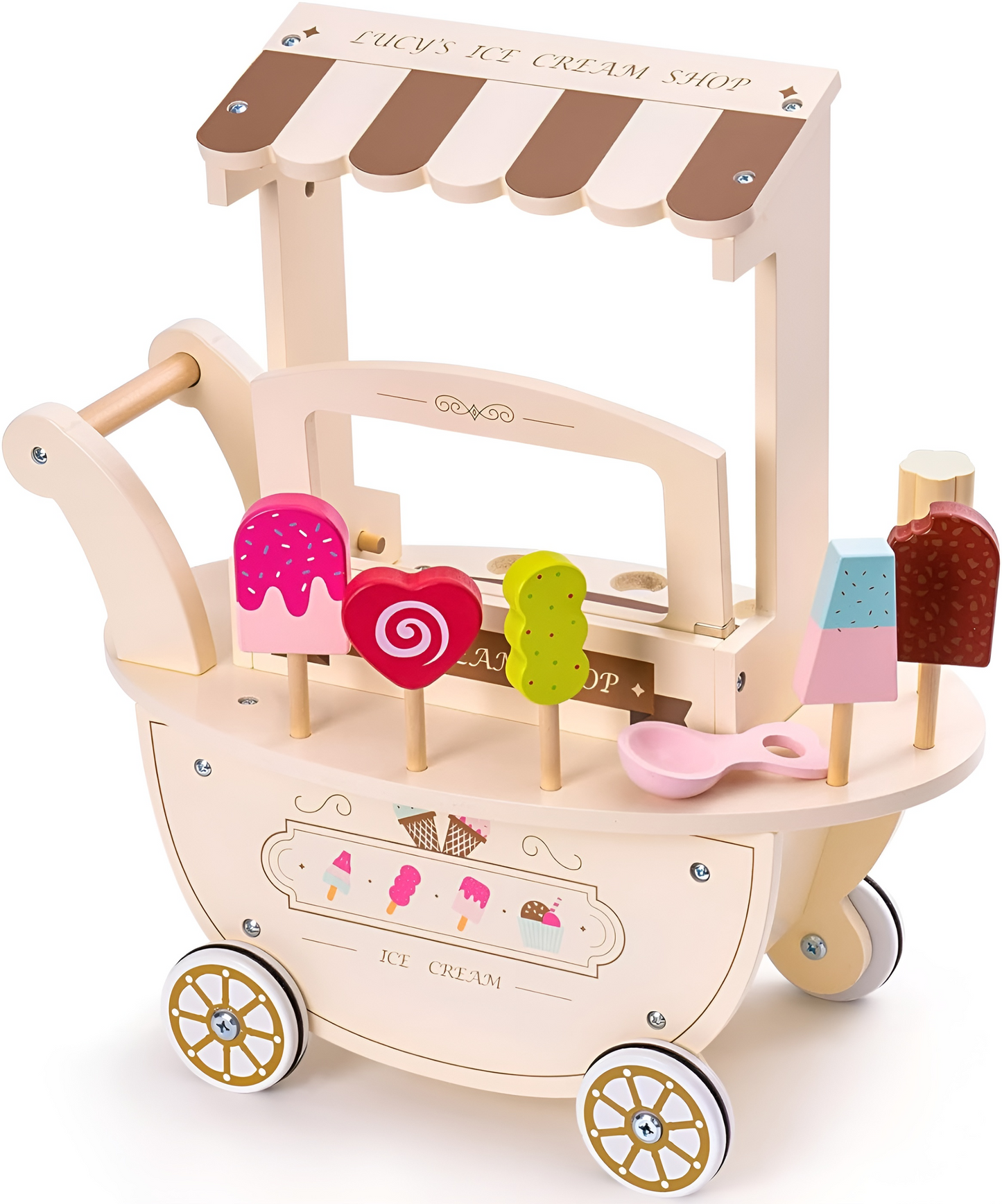 Carucior de Inghetata Ice Cream ideal STORE, Mobil, Dimensiune 41 x 19 x 44 cm, Din Lemn de inalta calitate, Include 10 accesorii, Ajuta la dezvoltarea imaginatiei si creativitatii, Beige Edition