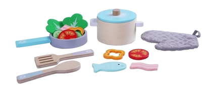 Set accesorii de gatit pentru copii idealSTORE Star Kitchen, Format din 16 accesorii din lemn ce permit dezvoltarea imaginatiei, creativitatii si invata cum sa pregatiti feluri de mancare