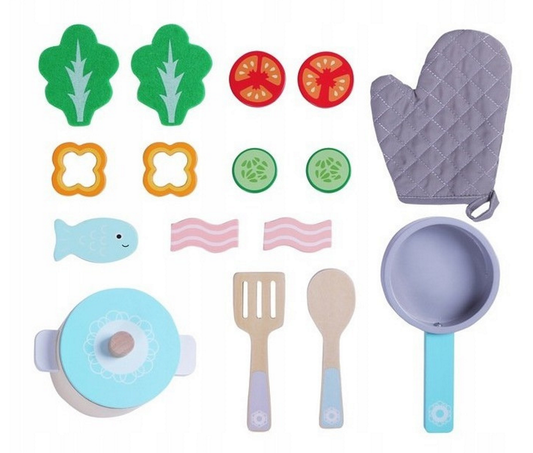 Set accesorii de gatit pentru copii idealSTORE Star Kitchen, Format din 16 accesorii din lemn ce permit dezvoltarea imaginatiei, creativitatii si invata cum sa pregatiti feluri de mancare