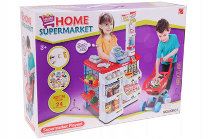Supermarket joaca copii IDL, Inaltime 82cm, cu carucior de cumparaturi, casa de marcat moderna, scanner de produse, multitudine de produse