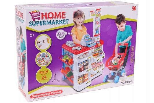 Supermarket joaca copii IDL, Inaltime 82cm, cu carucior de cumparaturi, casa de marcat moderna, scanner de produse, multitudine de produse