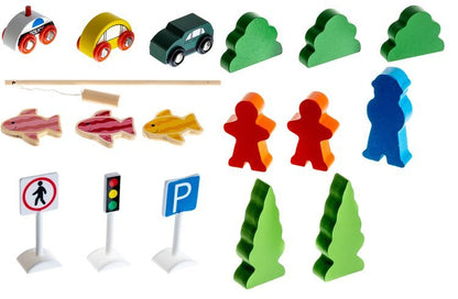 Circuit de lemn 2 in 1 IdealStore, cu Lac, 40 Elemente, Dezvolta Creativitatea, Stimuleaza Simtul Tactil si Coordonarea mana-ochi