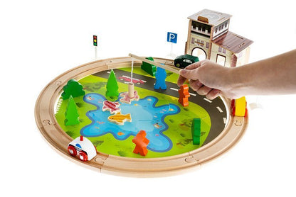 Circuit de lemn 2 in 1 IdealStore, cu Lac, 40 Elemente, Dezvolta Creativitatea, Stimuleaza Simtul Tactil si Coordonarea mana-ochi