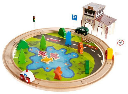 Circuit de lemn 2 in 1 IdealStore, cu Lac, 40 Elemente, Dezvolta Creativitatea, Stimuleaza Simtul Tactil si Coordonarea mana-ochi