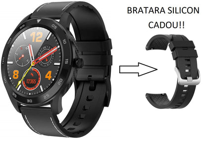 Ceas Smartwatch si Bratara Fitness Digital Fit, Notificari Apeluri si Aplicatii, Monitorizare Ritm Cardiac, Presiune Arteriala, Pedometru, Monitorizare Somn, Monitorizare Activitati Fizice, Giroscop, Bratara Piele, Negru alaturi de bratara Silicon Cadou