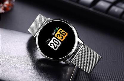 Ceas SmartWatch si Bratara Fitness Full Screen 68, Bratara Metalica Magnetica, Monitorizare ritm cardiac, Monitorizare Somn si Tensiune arteriala, Notificari Apeluri/Fb/Sms, Rezistent la Apa Ip67, Ecran 1.23 Full Touch, Argintiu