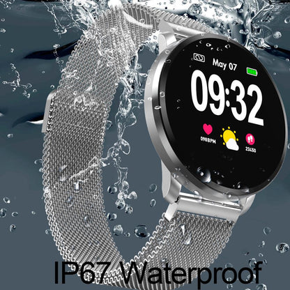 Ceas SmartWatch si Bratara Fitness Full Screen 68, Bratara Metalica Magnetica, Monitorizare ritm cardiac, Monitorizare Somn si Tensiune arteriala, Notificari Apeluri/Fb/Sms, Rezistent la Apa Ip67, Ecran 1.23 Full Touch, Argintiu