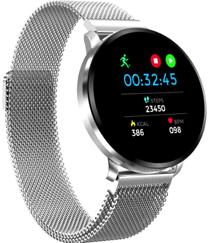 Ceas SmartWatch si Bratara Fitness Full Screen 68, Bratara Metalica Magnetica, Monitorizare ritm cardiac, Monitorizare Somn si Tensiune arteriala, Notificari Apeluri/Fb/Sms, Rezistent la Apa Ip67, Ecran 1.23 Full Touch, Argintiu