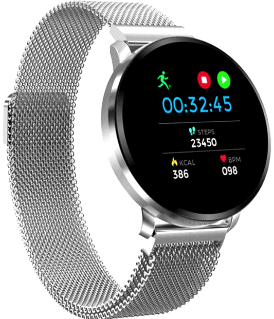Ceas SmartWatch si Bratara Fitness Full Screen 68, Bratara Metalica Magnetica, Monitorizare ritm cardiac, Monitorizare Somn si Tensiune arteriala, Notificari Apeluri/Fb/Sms, Rezistent la Apa Ip67, Ecran 1.23 Full Touch, Argintiu