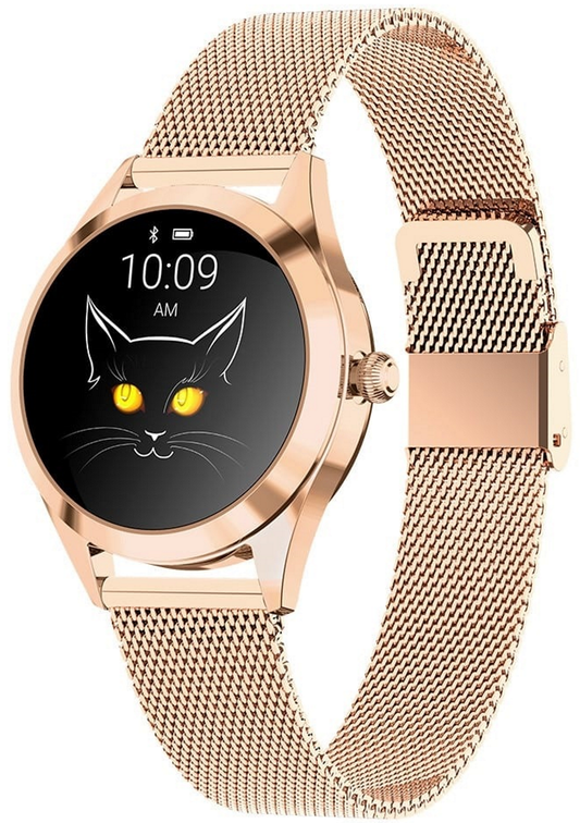 Ceas Smartwatch si Bratara Fitness IdealStore Kingwear 10, Monitorizare Ritm Cardiac, Pedometru, Consum Calorii, Monitorizare Somn, Ecran Tactil 1.1 inch, Notificari, Monitorizare Activitati Sportive, Bratara Metalica, Auriu