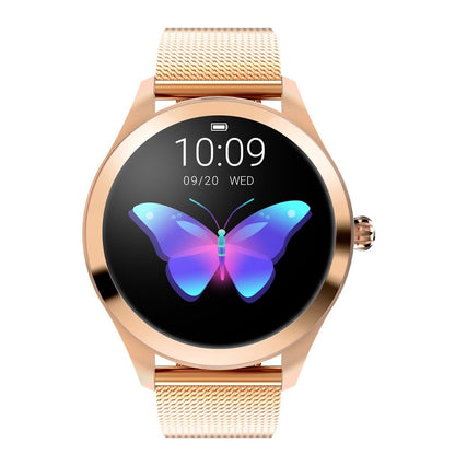 Ceas Smartwatch si Bratara Fitness IdealStore Kingwear 10, Monitorizare Ritm Cardiac, Pedometru, Consum Calorii, Monitorizare Somn, Ecran Tactil 1.1 inch, Notificari, Monitorizare Activitati Sportive, Bratara Metalica, Auriu