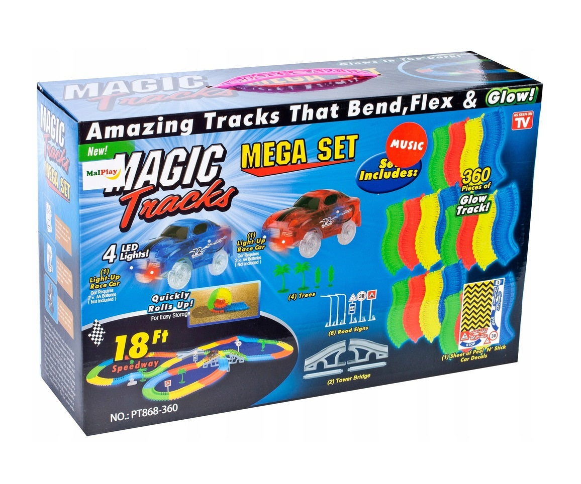 Set pista magica cu 2 masinute idealSTORE, Rainbow Amazing Tracks, Include 360 de piese, Circuit complet luminat de LED-uri incorcoprate, Posibilitate de a combina elemente in orice ordine