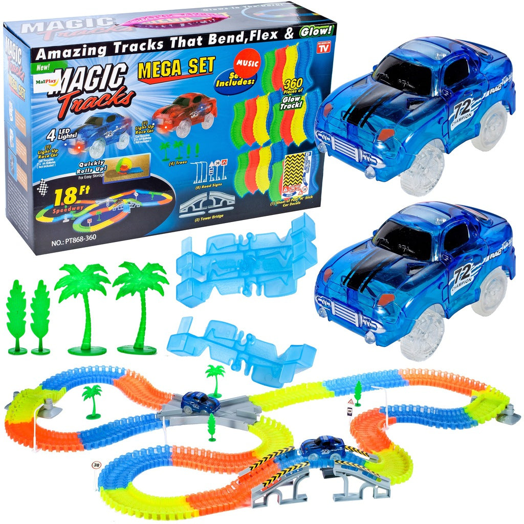 Set pista magica cu 2 masinute idealSTORE, Rainbow Amazing Tracks, Include 360 de piese, Circuit complet luminat de LED-uri incorcoprate, Posibilitate de a combina elemente in orice ordine