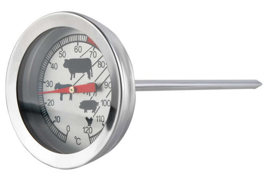 Termometru Metalic Alimentar pentru carne idealSTORE, Dimensiuni 11x5,2 cm, Analogic, Include o Tija Metalica pentru Insertie, Fara mercur, Temperatura 0-120C, Inox, Include un capac pentru Ascunderea Sondei